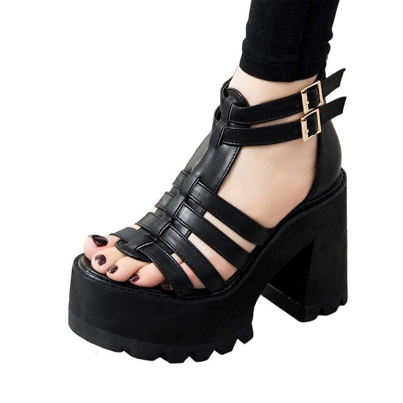 Kobine Women's Gothic Punk Buckles Platform Peep-toe Sandals 