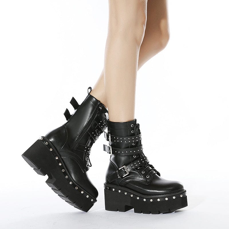 Kobine Women's Gothic Punk Buckles Rivet Platform Boots