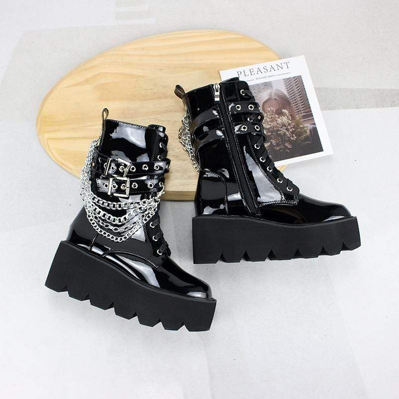 Women's Gothic Punk Patent Leather Boots with Chain