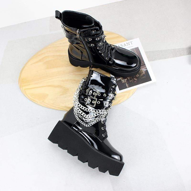 Women's Gothic Punk Patent Leather Boots with Chain