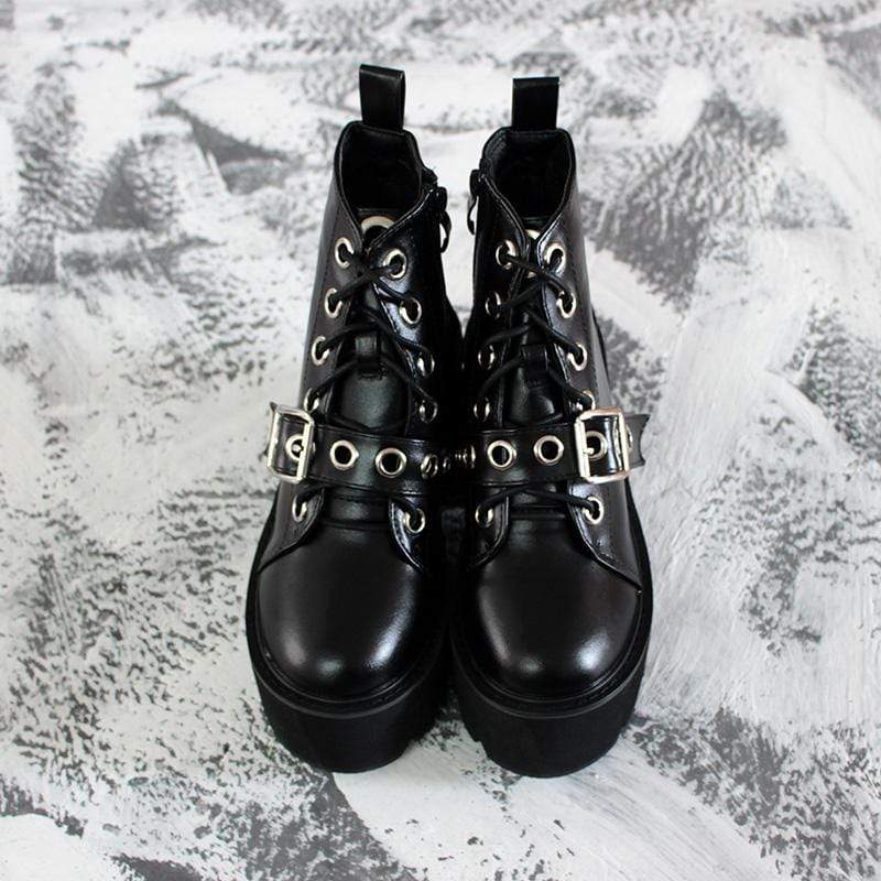 Kobine Women's Gothic Punk Six Hooks Buckles Platform Boots