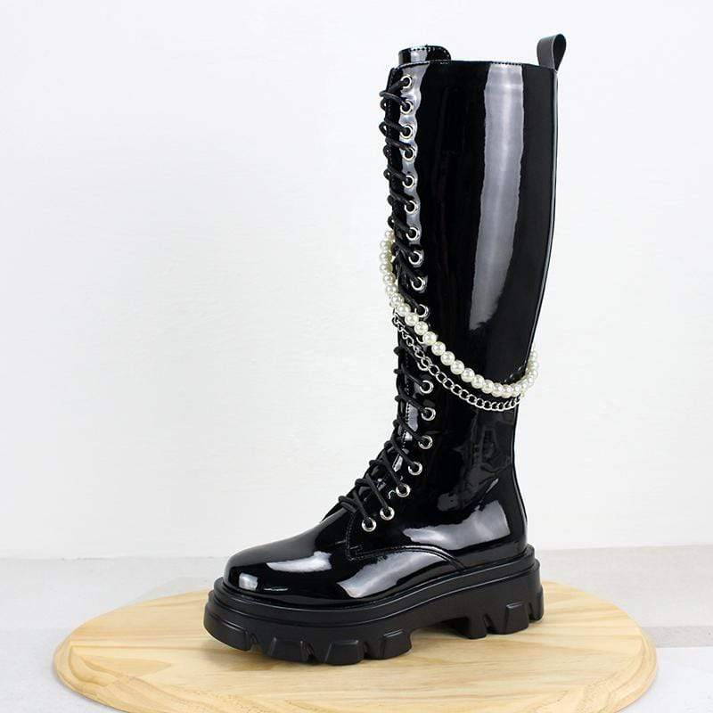 Women's Gothic Punk Thigh High Boots with Pearl Chain