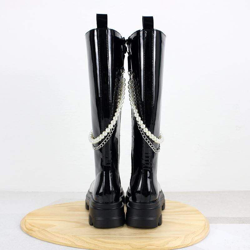 Women's Gothic Punk Thigh High Boots with Pearl Chain