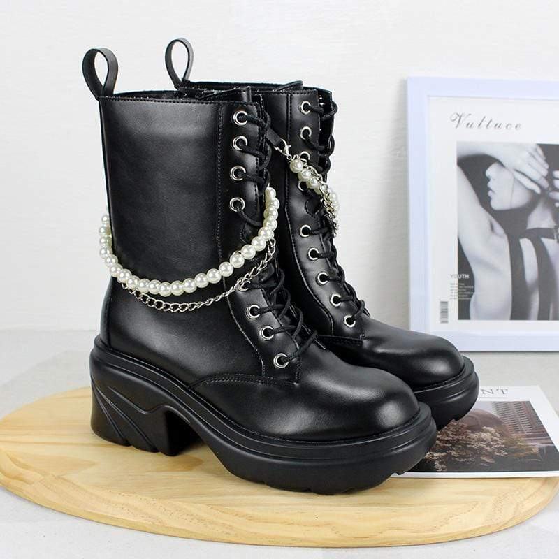 Women's Gothic Punk Wedge Boots with Pearl Chain