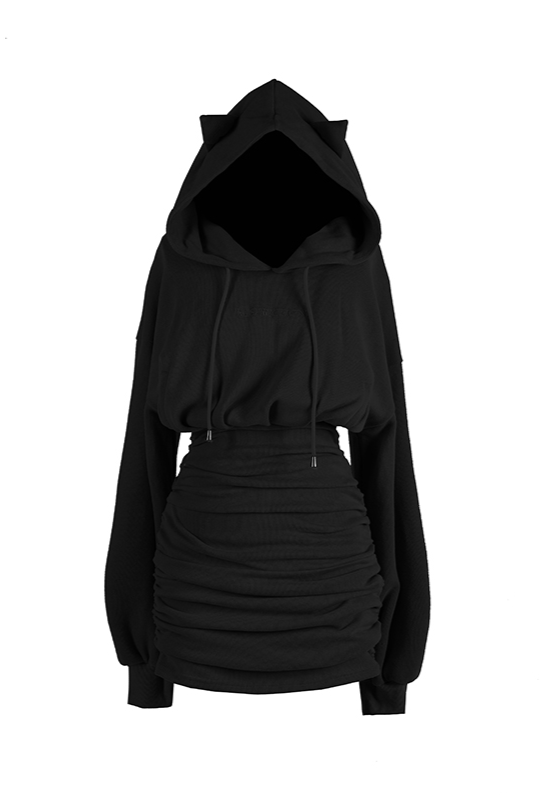 Women's Gothic Pure Color Embroideried Dresses With Cat Ear Hood