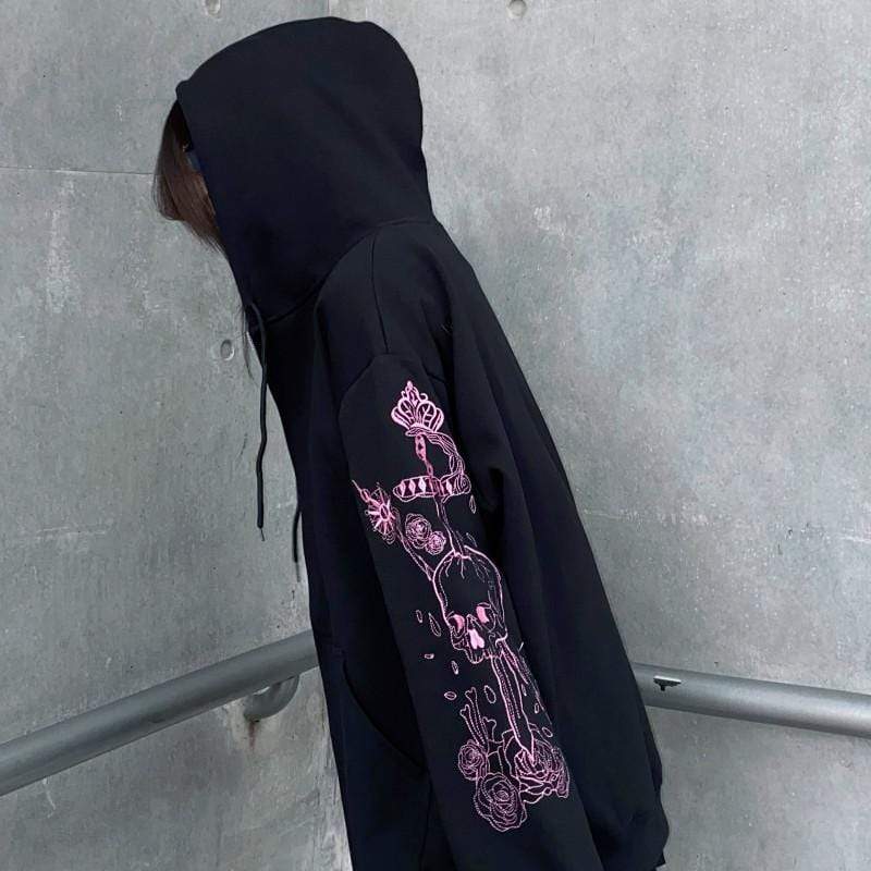 Women's Gothic Skull Roses Embroidered Coats With Hood