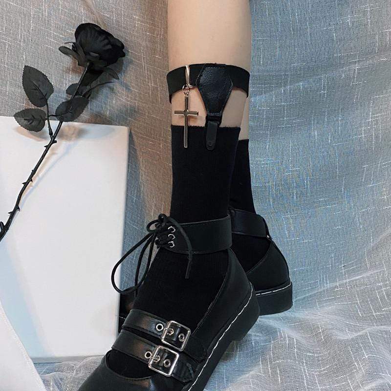 Women's Gothic Solid Socks With Cross Leg Ring