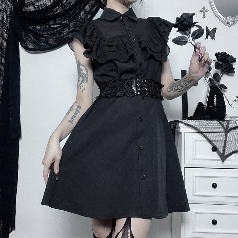 Kobine Women's Gothic Turn-down Collar Ruffled Dress