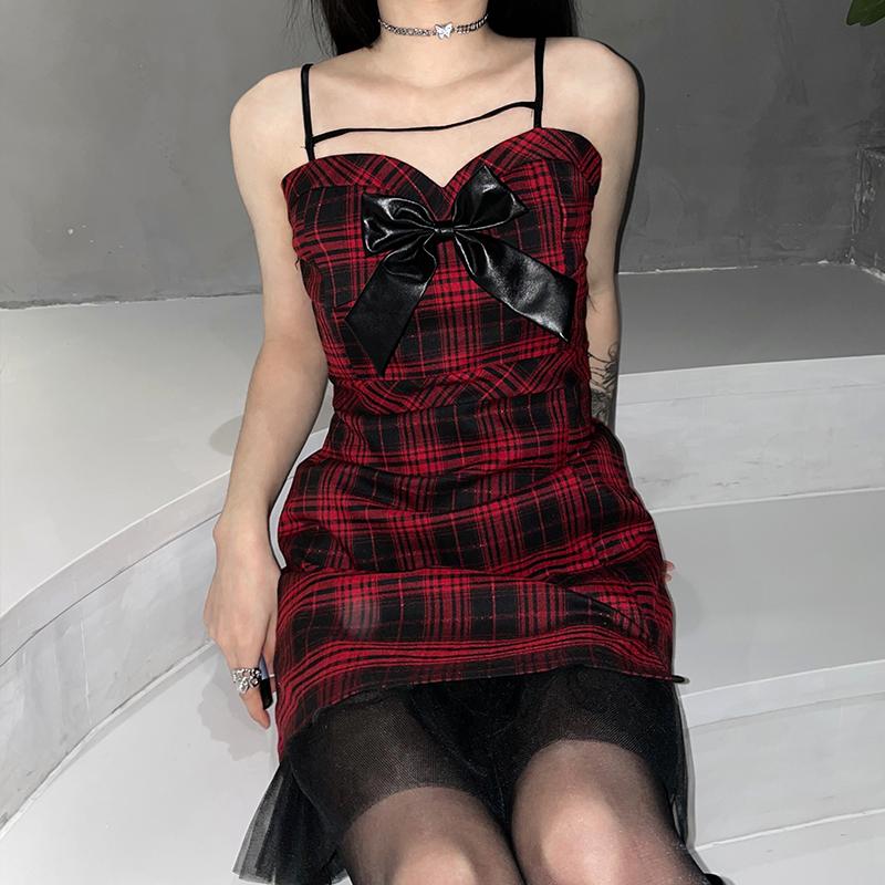 Women's Grunge Bowknot Side Slit Red Plaid Slip Dresses