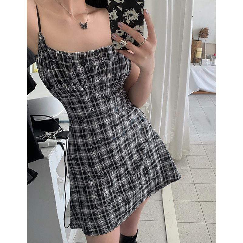 Women's Grunge Butterfly Plaid Ruffles Slip Dresses