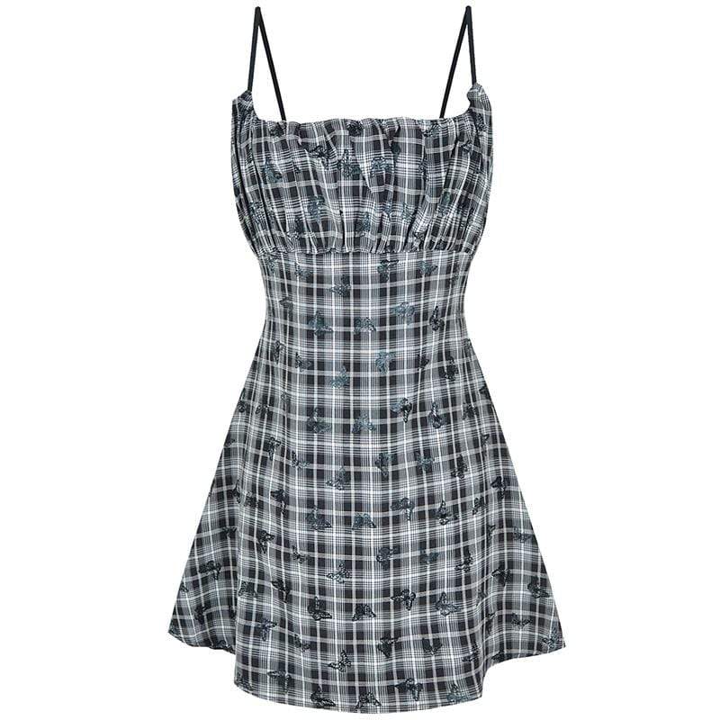 Women's Grunge Butterfly Plaid Ruffles Slip Dresses