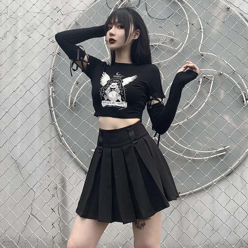 Women's Grunge Cartoon Printed Strappy Black Crop Tops