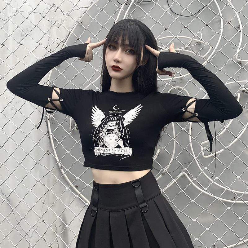 Women's Grunge Cartoon Printed Strappy Black Crop Tops