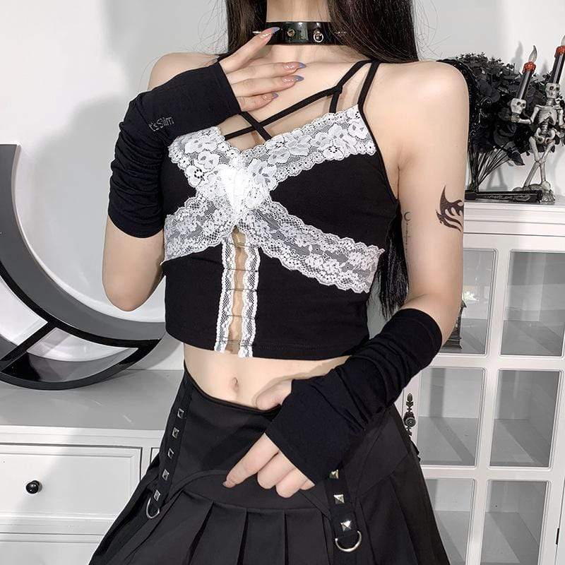 Women's Grunge Cutout Lace Splice Crop Top