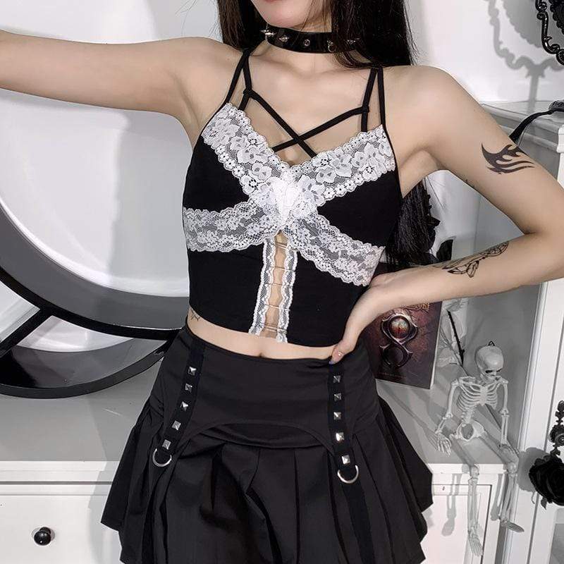 Women's Grunge Cutout Lace Splice Crop Top