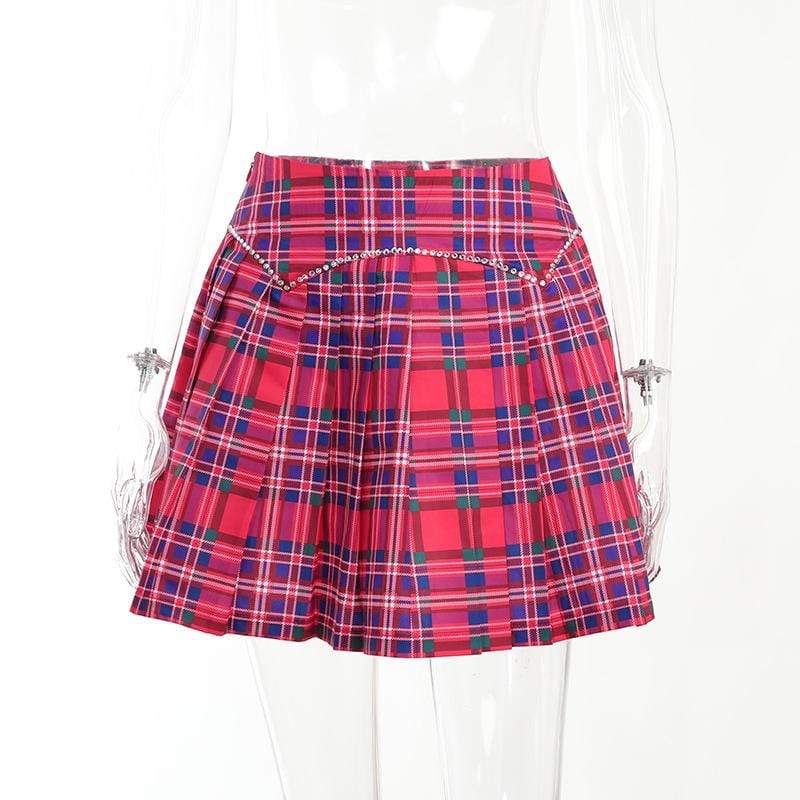 Kobine Women's Grunge Double Color Plaid Pleated Skirt