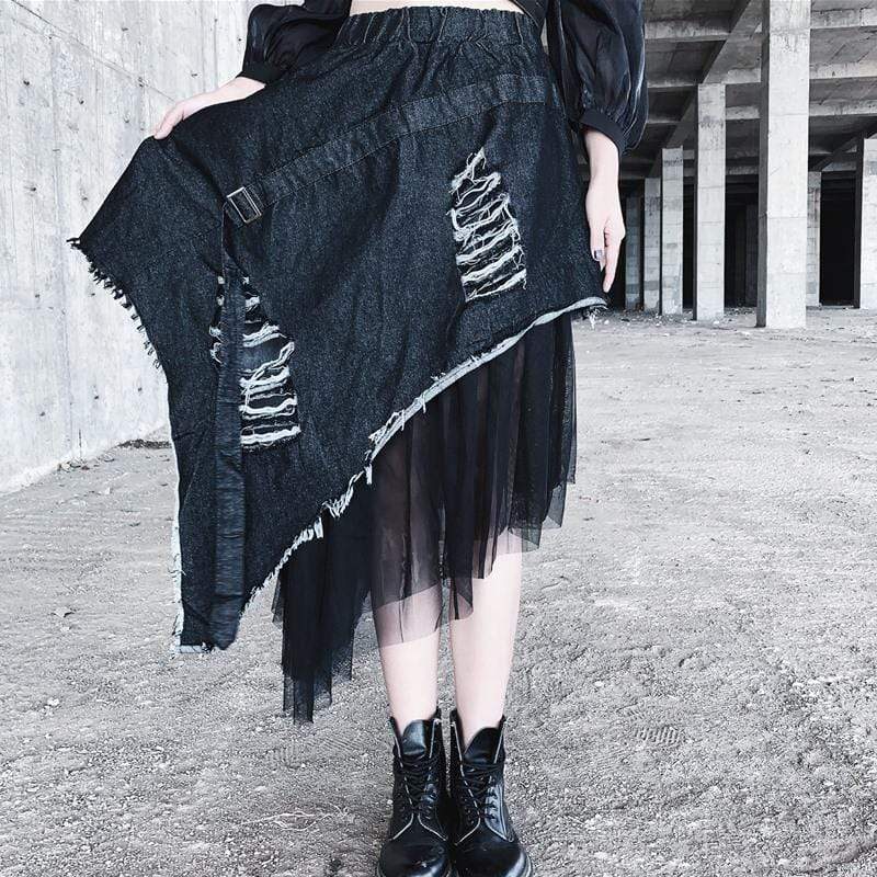 Women's Grunge Double-Layered Ripped Selvedge Skirts