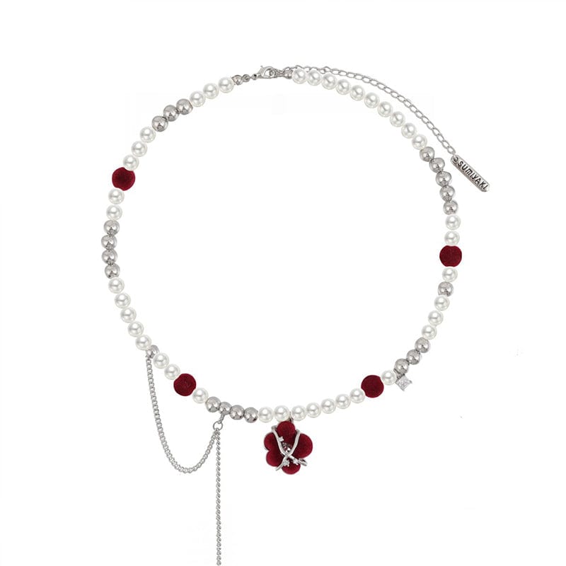 Kobine Women's Grunge Flocking Floral Pearl Necklace