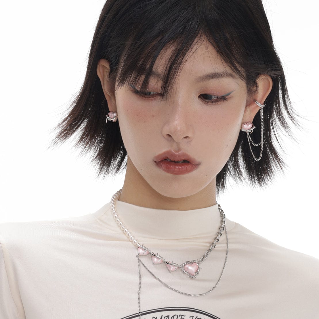 Kobine Women's Grunge Hearts Pearl Layered Necklace