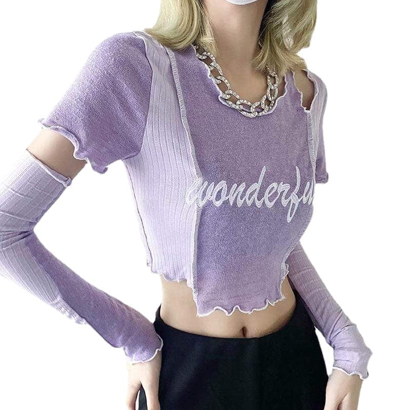 Kobine Women's Grunge Letter Embroidered Irregular T-shirt
