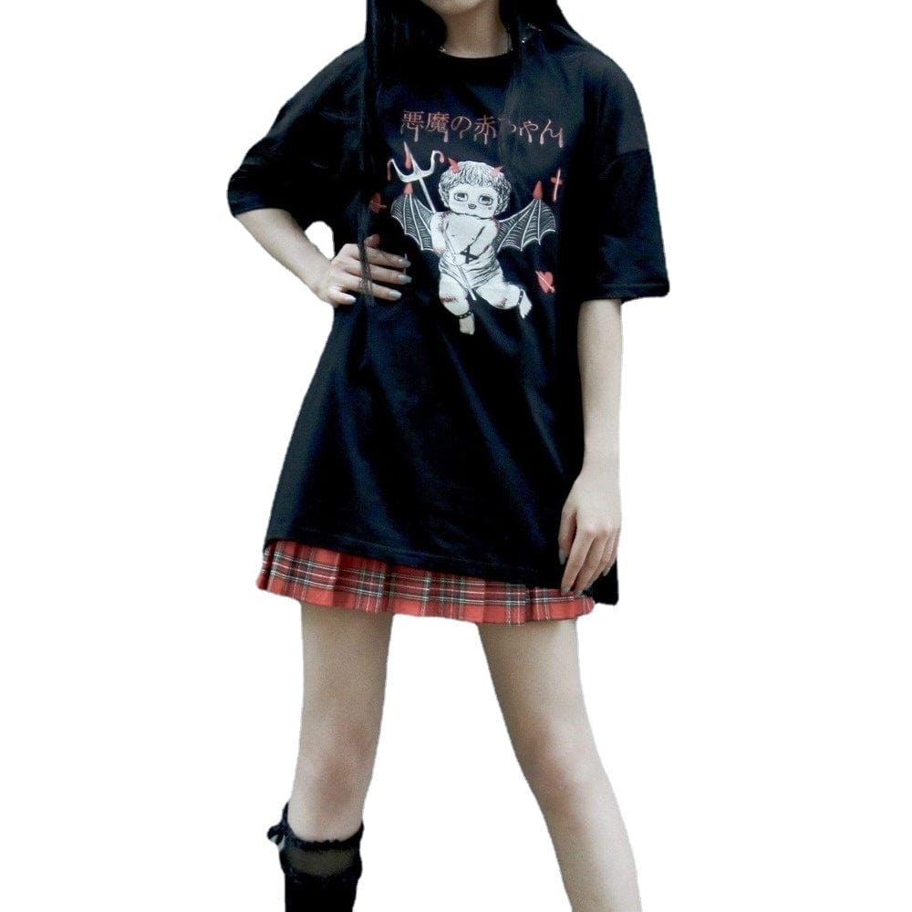 Kobine Women's Grunge Little Devil Printed Casual Black Tee