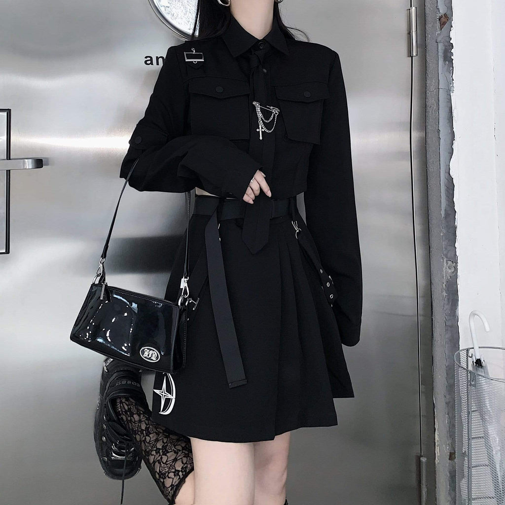 Women's Grunge Long Sleeved Black Suit Dress with Belt