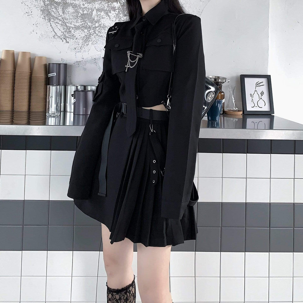 Women's Grunge Long Sleeved Black Suit Dress with Belt