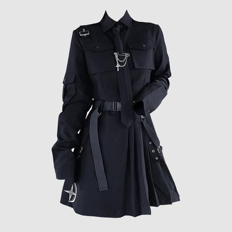 Women's Grunge Long Sleeved Black Suit Dress with Belt