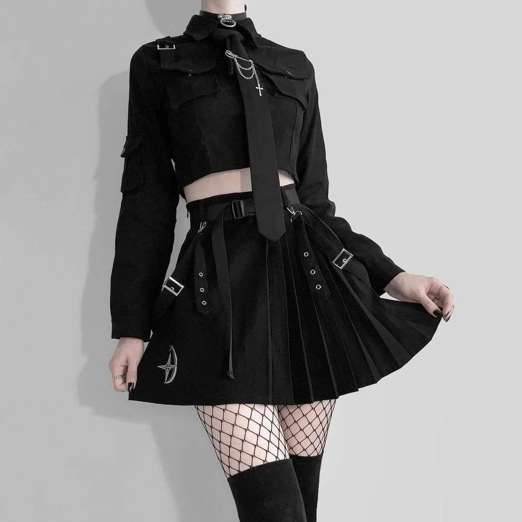 Women's Grunge Long Sleeved Black Suit Dress with Belt