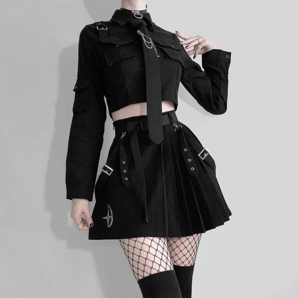 Women's Grunge Long Sleeved Black Suit Dress with Belt