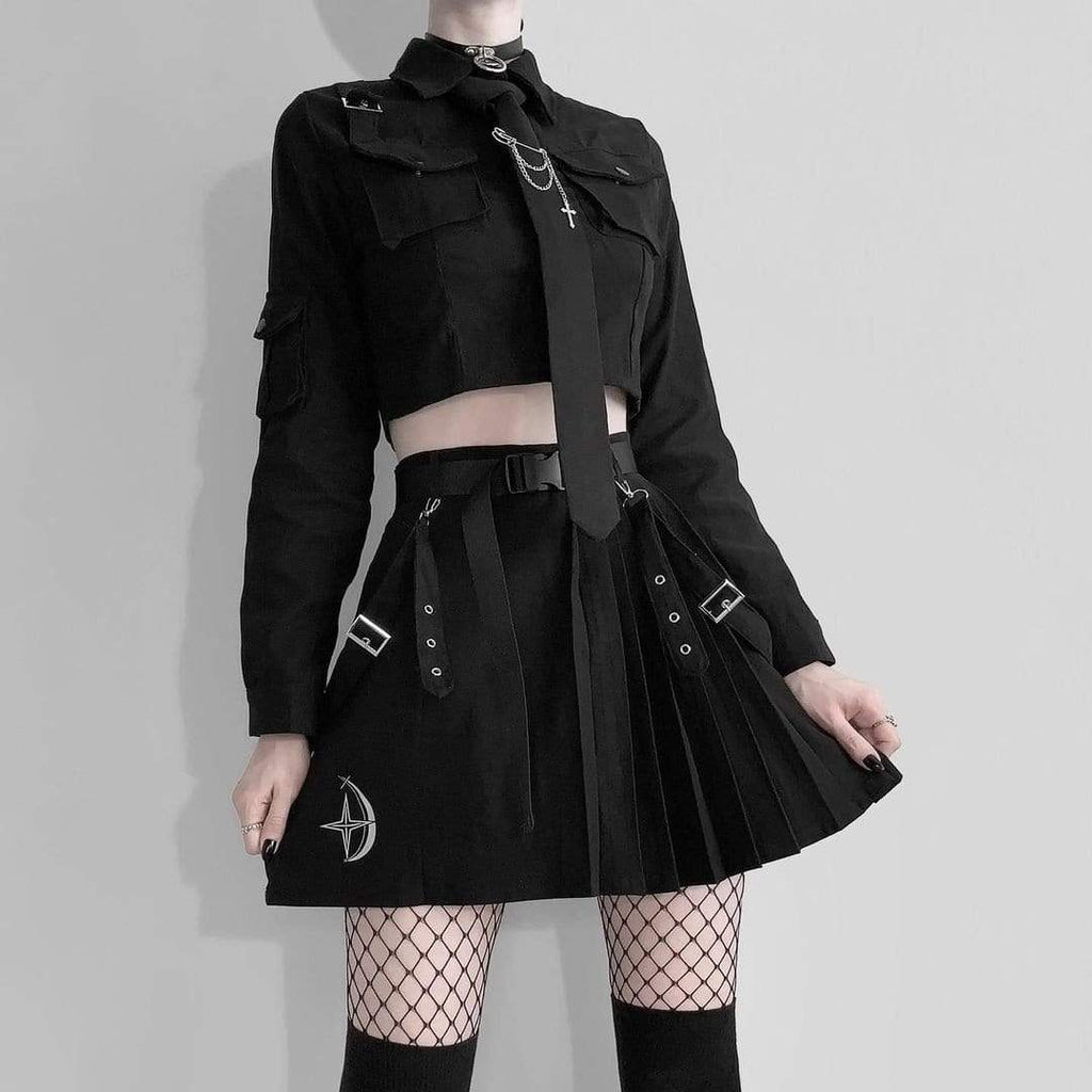 Women's Grunge Long Sleeved Black Suit Dress with Belt