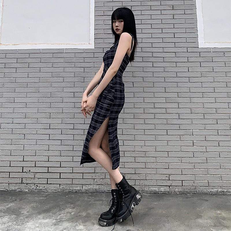 Women's Grunge Plaid Slip Dress with Side Slit