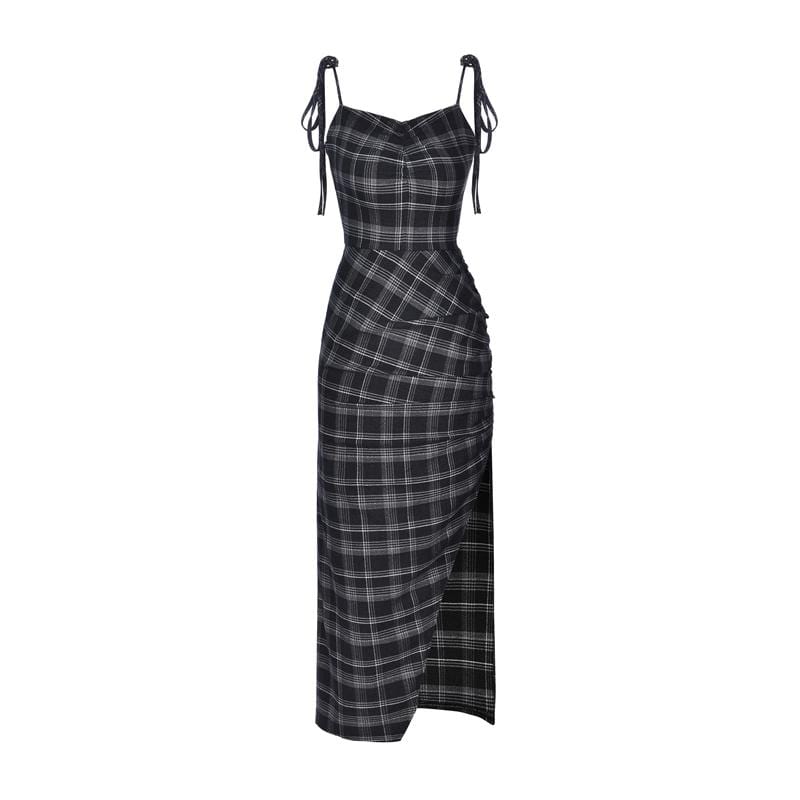 Women's Grunge Plaid Slip Dress with Side Slit