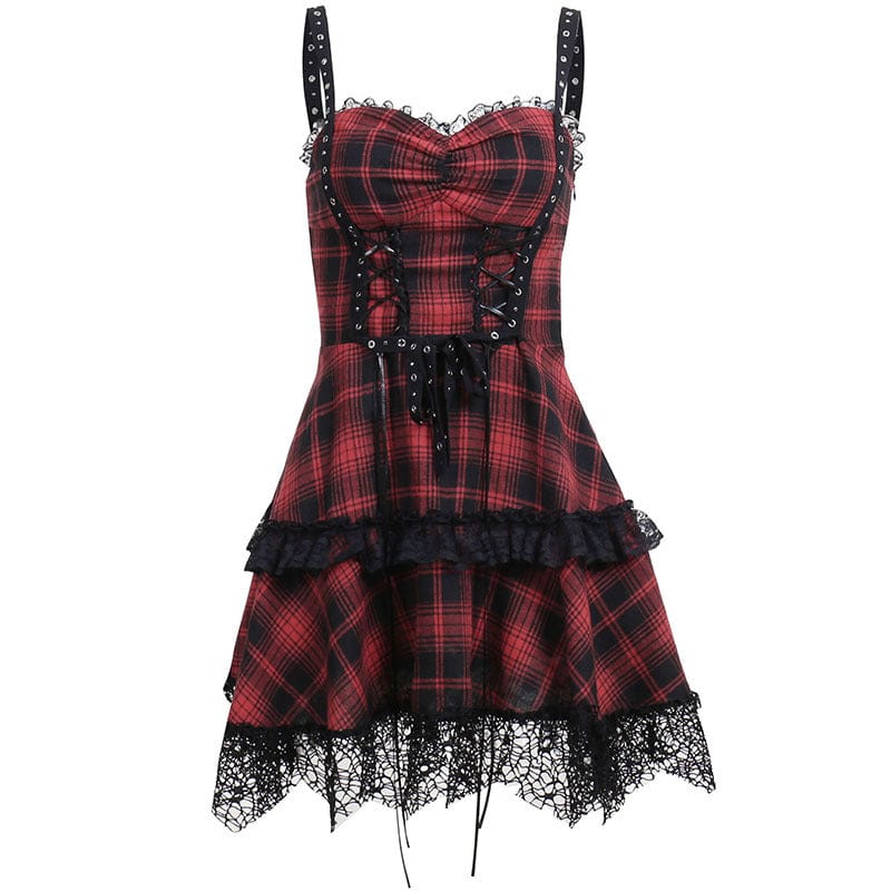 Kobine Women's Grunge Red Plaid Lace Hem Slip Dress