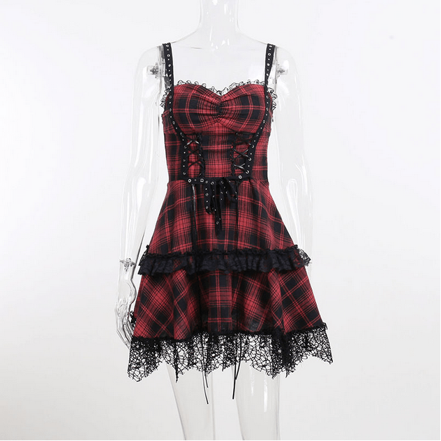 Kobine Women's Grunge Red Plaid Lace Hem Slip Dress