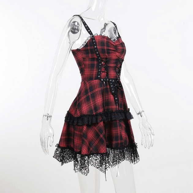 Kobine Women's Grunge Red Plaid Lace Hem Slip Dress