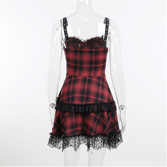 Kobine Women's Grunge Red Plaid Lace Hem Slip Dress