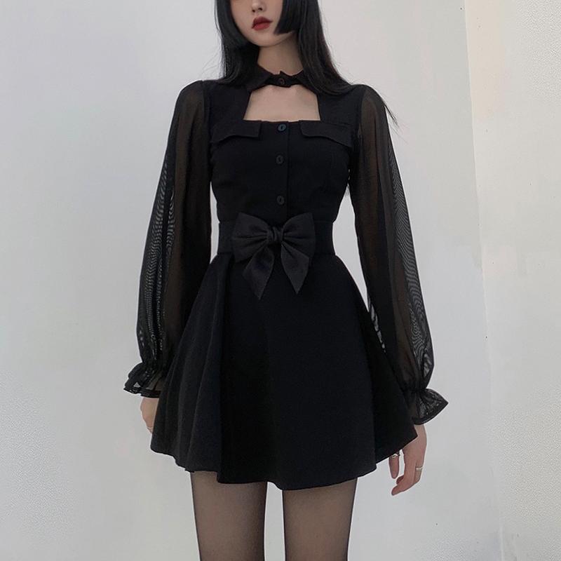 Women's Grunge Stand Collar Chiffon Sleeved Black Little Dresses