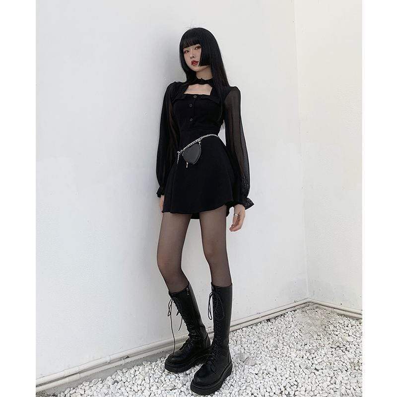 Women's Grunge Stand Collar Chiffon Sleeved Black Little Dresses