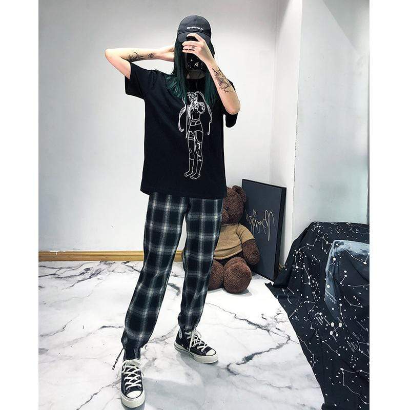 KOBINE Women's Hip-hop Black&White Plaid Pants