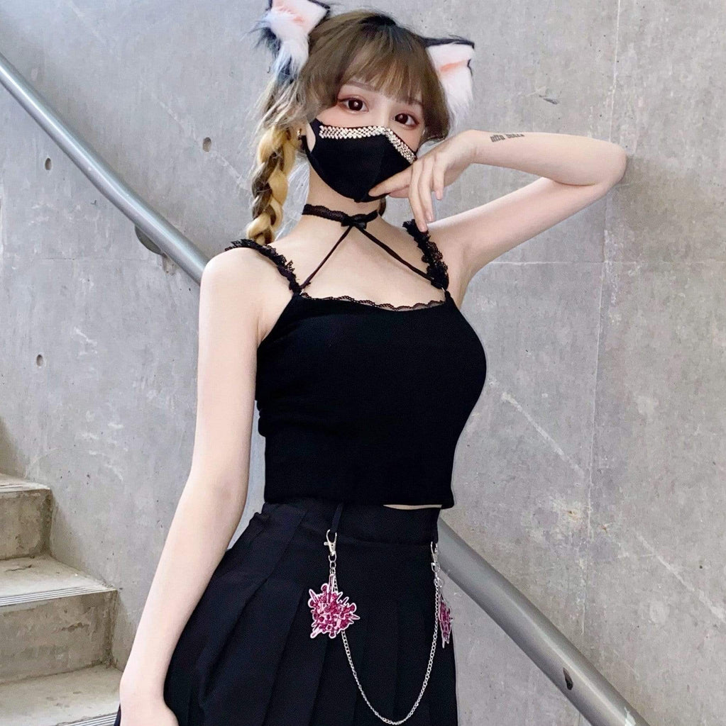 Women's Kawaii Lace Ruffles Halterneck Tank Tops