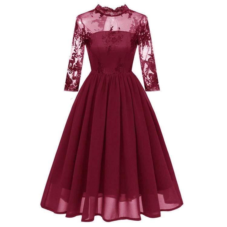 Women's Lace Sleeved Chiffon Party Dresses Wedding Dress