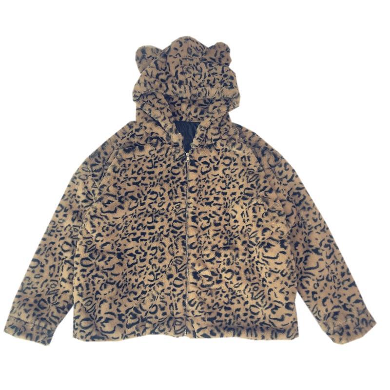 Women's Leopard Printed Zipper-fly Furry Jackets With Ears