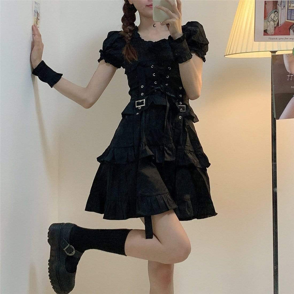 Women's Lolita Adjustable Layered Short Dress Black