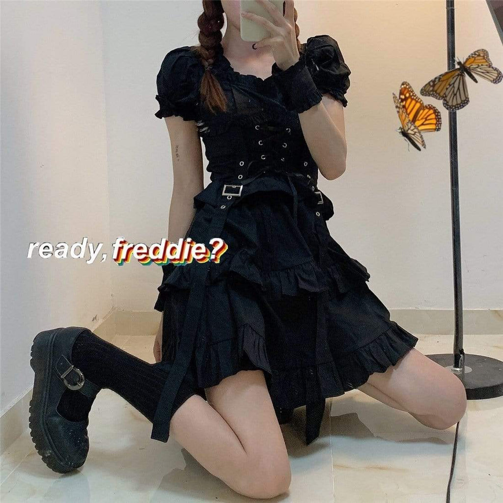 Women's Lolita Adjustable Layered Short Dress Black