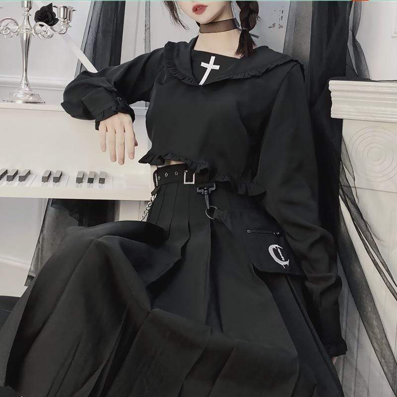 Women's Lolita Sailor Collar Cross Pattern Long Sleeved T-shirts