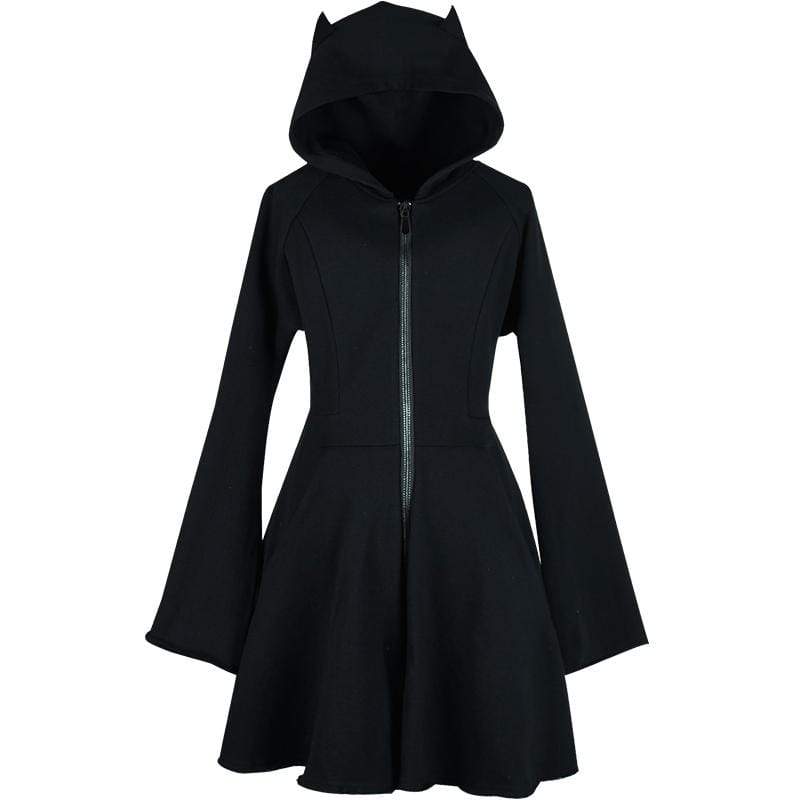 Women's Long Flare Sleeved Devil Hooded Dresses