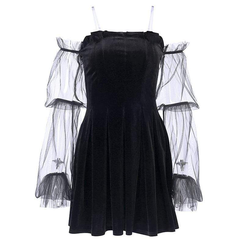 Women's Off-shoulder Mesh Sleeved Ruffled Velvet Dresses