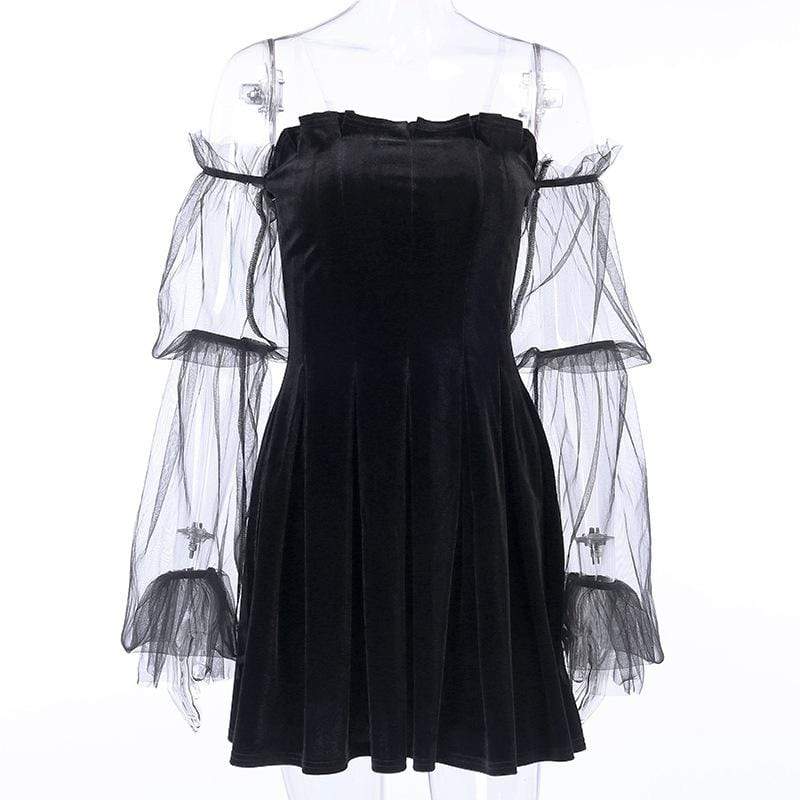 Women's Off-shoulder Mesh Sleeved Ruffled Velvet Dresses