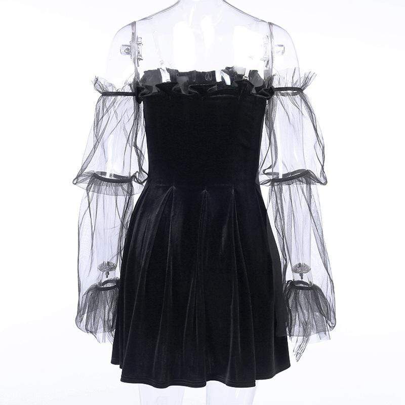 Women's Off-shoulder Mesh Sleeved Ruffled Velvet Dresses